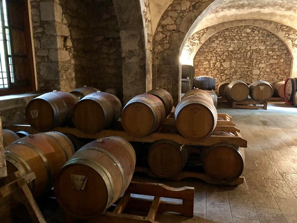 Vinho a amadurecer em barris de madeira na cave da adega Cantina La Ferriera.