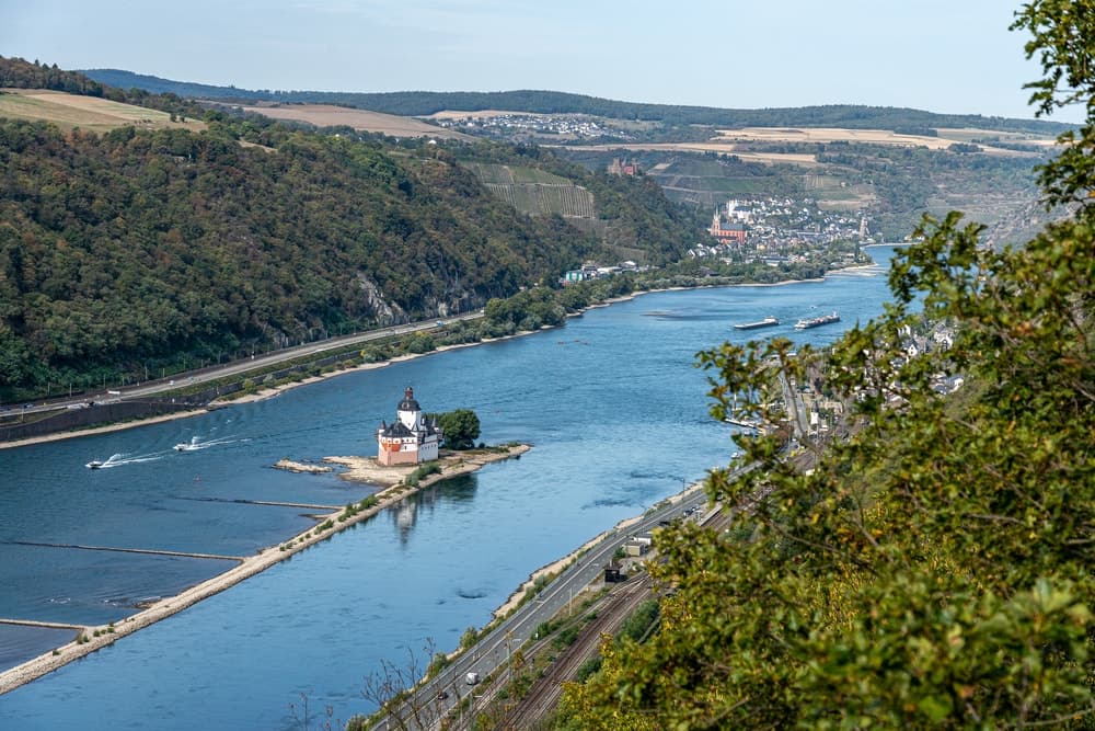 Pfalzgrafenstein Castle and sorrounding landscapes of Rhine River, Mittlrhein wine region