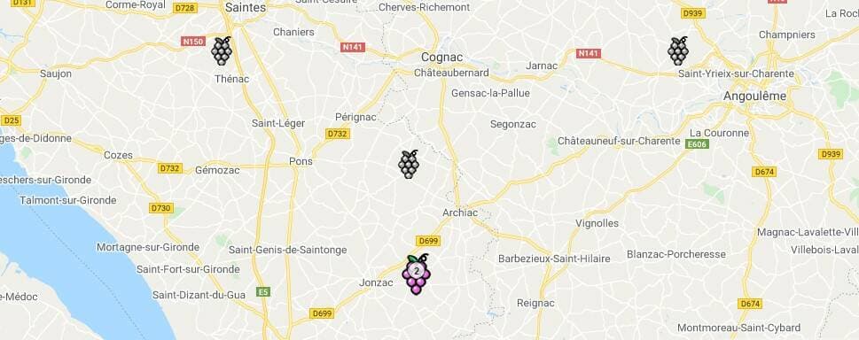 Karta över Cognac vinregion