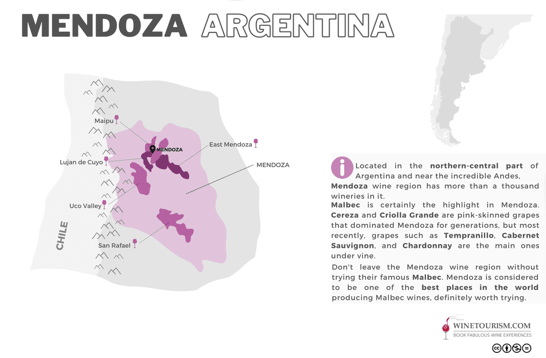 El mapa de la región vinícola de Mendoza, Argentina